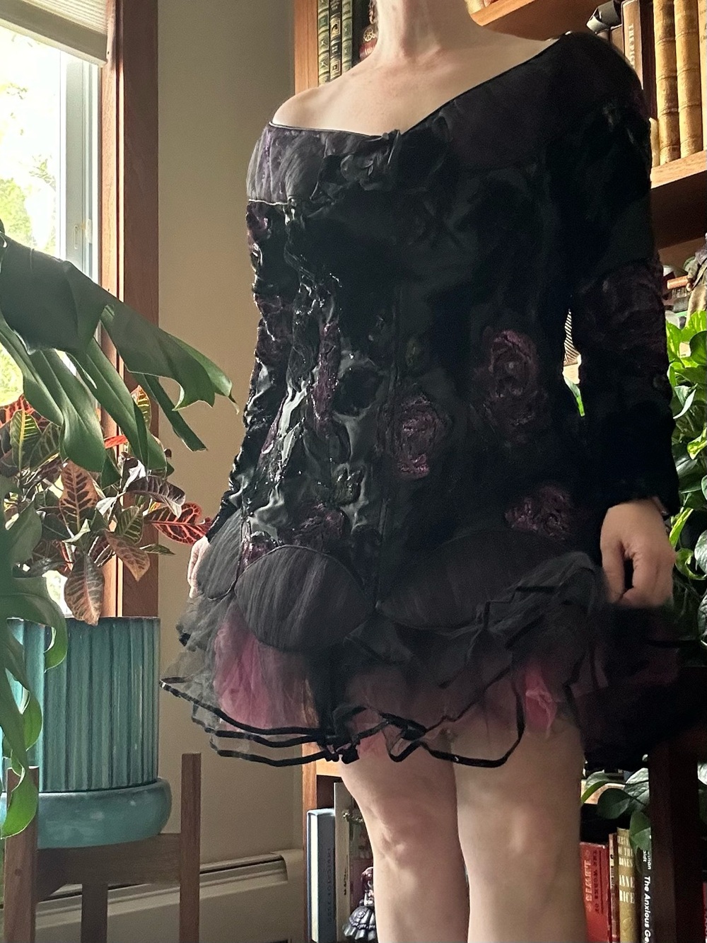 Vintage Black and Fuchsia Off-Shoulder Floral Tulle Mini Dress Sander Witlin